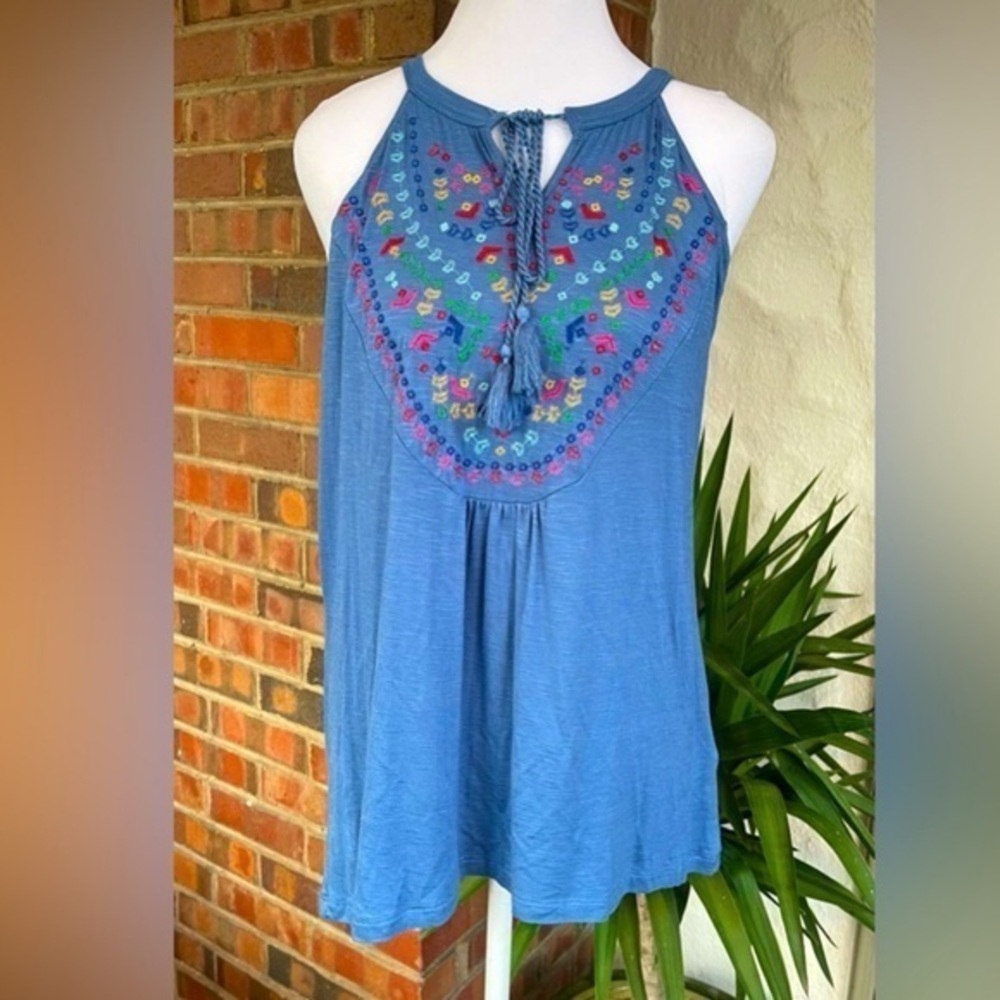 NWT - RXB Women’s Boho Chic Embroidered Tank-top (Blue with Multi Colors,Medium)